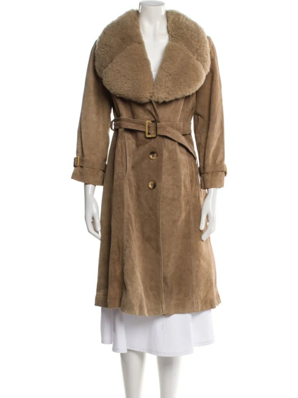Avanti Vintage Camel Suede Shearling Collar Coat – Belted Trench | Small